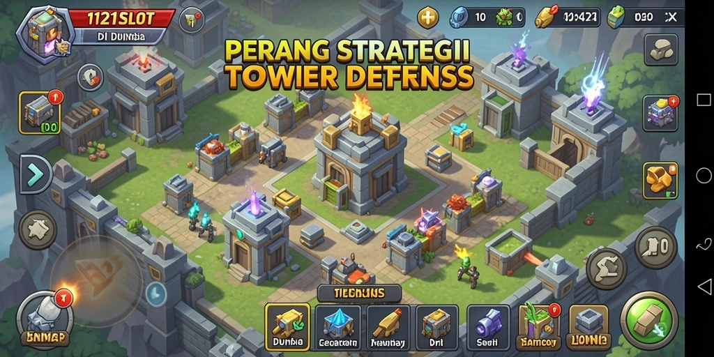 Tampilan menakjubkan dari gameplay Tower Defense di 1121SLOT.