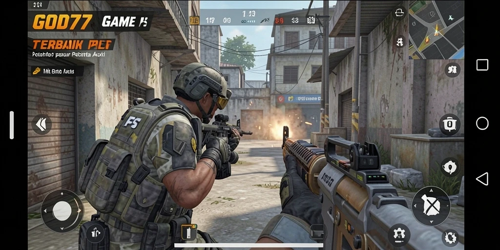 Screenshot gameplay <strong>GOD77</strong> menampilkan aksi tembak-menembak yang intens.