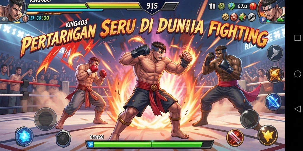 Screenshot KING403 menampilkan aksi pertarungan intens dan karakter yang beragam.