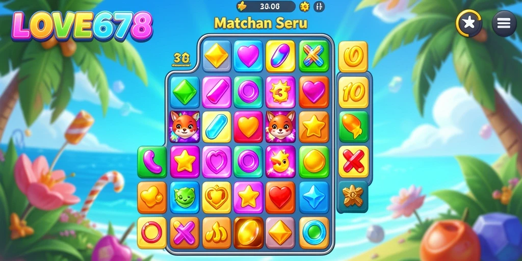Gameplay Match-3 yang seru dan penuh warna dalam LOVE678.