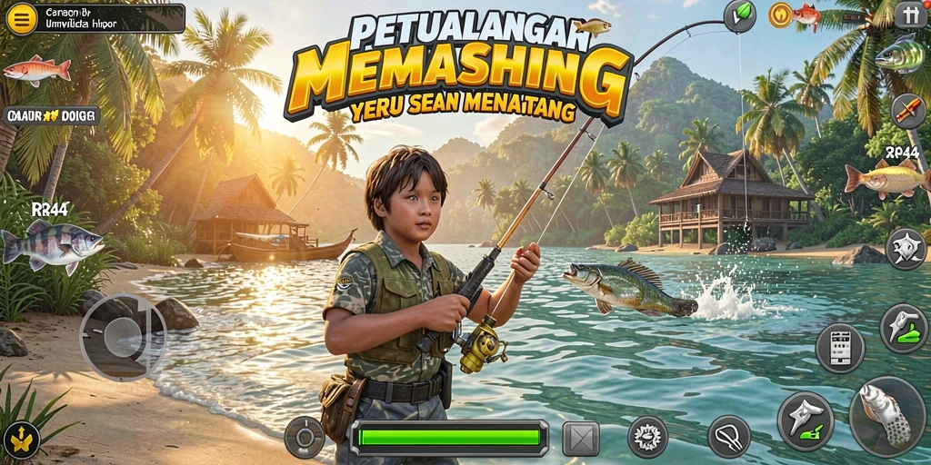 Screenshot gameplay RR44 menunjukkan aksi seru memancing di berbagai lokasi.