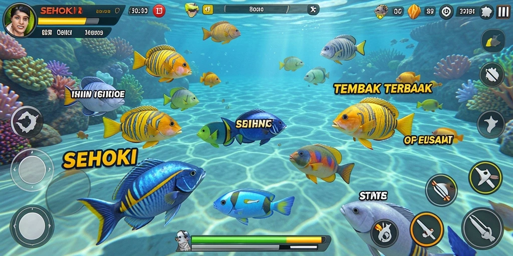 Tampilan gameplay seru SEHOKI di dunia bawah laut.