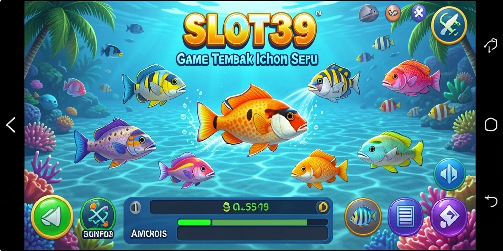Tampilan gameplay SLOT39 dengan ikan berwarna-warni dan senjata yang menarik.